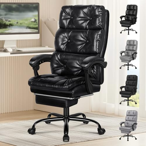 ALFORDSON Bürostuhl, zweischichtiger Schreibtischstuhl mit 150° Neigung und 360° Drehung, Drehstuhl mit hoher Rückenlehne für Zuhause und Arbeit mit Fußstütze, PU-Leder, Glänzend schwarz