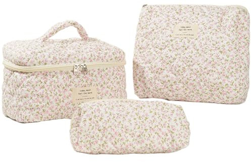 Lot de 3 Trousse de Toilette Matelassée Femmes, Pochette de Rangement Maquillage, Trousse de Toilette Grande Capacité, Trousse Cosmétique Voyage, Trousse Maquillage Femme (Rose)