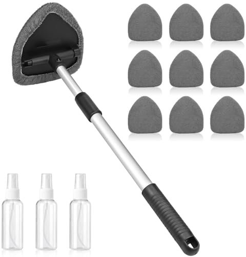 WORLUDE Car Windscreen Cleaner, Expandable Car Window Cleaner with 9 Reusable Microfiber Triangle Pads & 3 Pray Bottles Auto Windshield Cleaning Tool with Detachable Handle (Grey)
