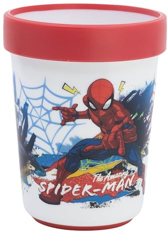 Stor Bicchiere Bambini Spider-Man 260ml con Base Antiscivolo, Bicchiere in Plastica Senza BPA, Adatto Microonde per Bambini