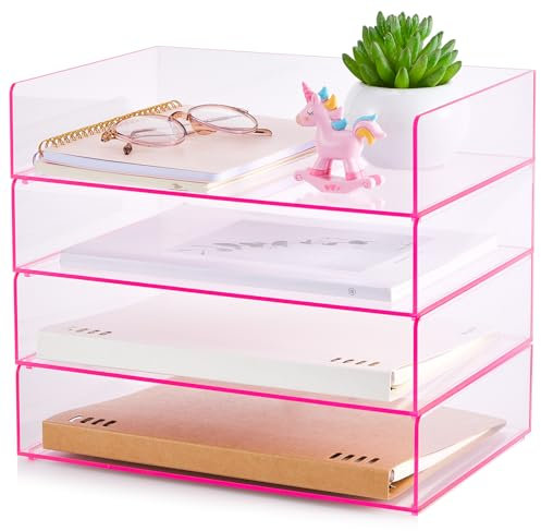 Harloon 4 Tier Paper Organizer Letter Tray Pink Acrylic Desk File Organizer Heavy Duty Stackable Documents Clear Letter Paper Holder Office Tray for A4, Office Classroom Home File Pad Notebooks