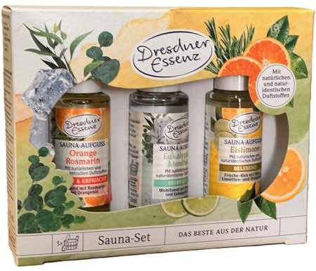Dresdner Essenz Sauna-Set 3x20ml Sauna-Aufguss Orange Rosmarin Eukalyptus Menthol Eislimone