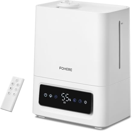 FOHERE Umidificatore Ambiente 6L, 60H Autonomia, 28dB Ultra Silenzioso, per Grandi Stanze, Camera, Neonato, Sensore Umidità, Timer 16H, Luce Notturna, Diffusore Olii, Bianco
