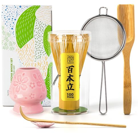 TEANAGOO Matcha vispset, 6-st traditionellt startset, 100 spetsar visp med rosa körsbärsblomhållare, skopa (chashaku), tesked, bambujas, ceremonitillbehör, present till vän/familj