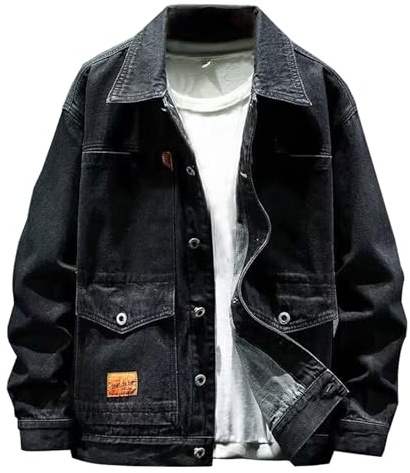 Duohropke Chaqueta vaquera para hombre, estilo motero, chaqueta vaquera casual, shacket, abrigo vaquero, abrigo de camionero, chaqueta clásica, chaqueta vintage, blusa, entretiempo, 02 negro., L