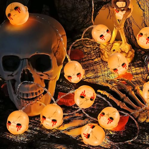 YGVQN Halloween Ljussträng med 20 LED Spöken med Spökhuvuden, 3m Längd, Batteridrift, 2 Ljuslägen, Varm Vitt Ljus, Horrordekoration för Halloween, Fester och Spökhus, Inuti/Ute