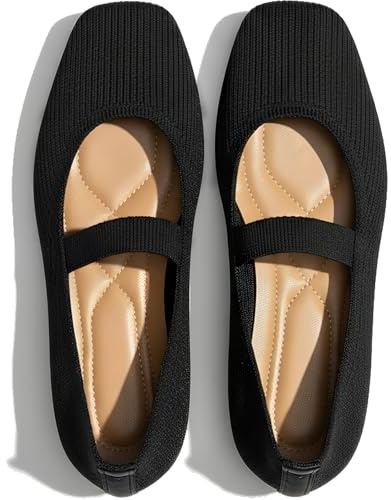 Mary Jane Flats Square Toe, Knit Ballet Flats with Elastic Strap for Everyday Wear, Lightweight and Breathable, Avaliable in Black, Red, Cream, Brown