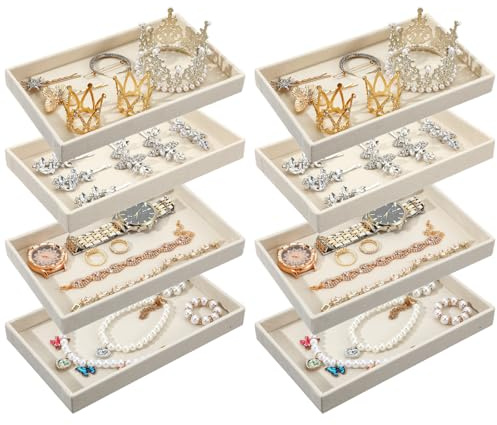 Caeuiciw 8 Pcs Small Velvet Jewelry Tray Stackable Jewelry Drawers Organizer Trays Jewelries Storage Trays 8.3 x 4.7 x 1 Inches (Beige)
