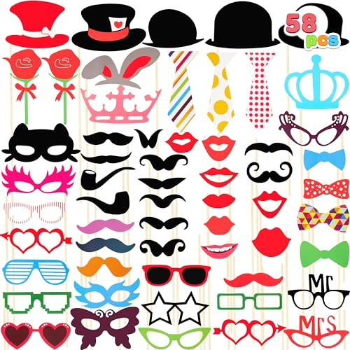 JOYIN 58 PCS Photo Booth Props Kit, Instant Fun Carnival Party Decorations with Moustache & Hats, DIY Selfie Accessories for Birthday Wedding Engagement Favors