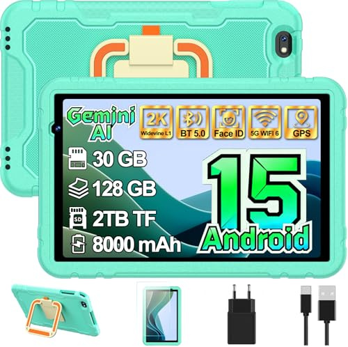 Tablet niños 10 Pulgadas Android 15 con Gemini AI 30 + 128GB (TF 2TB), Octa-Core, GPS, WiFi 6, Widevine L1, 8000mAh, Control Parental, Protective Antichoque Eva + Soporte giratorio de 360° -Verde