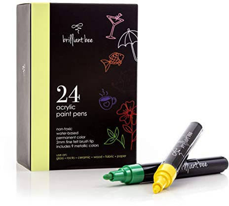 Brilliant Bee – Acrylic Paint Pens – Color Markers for Rock, Glass, Ceramic, Wood, Fabric, and Paper – 2Mm Fine Felt Brush Tip, Water-Based, Permanent Color – 24 Pack