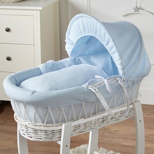 For Your Little One Blue Waffle White Wicker Baby Moses Basket With Mattress