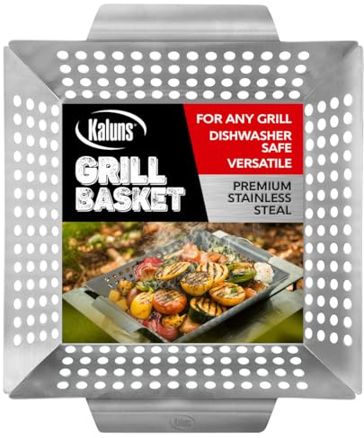 Kaluns Heavy Duty Stainless Steel Vegetable Grill Basket, Rectangular, Silver, Dishwasher Safe Grills and Vegetables