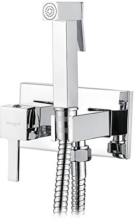 Ibergrif M22011 - Unterputz Eckig WC-Bidet Handbrause Set mit Dusche und Halter, Schlauch, Warmes und Kaltes Wasser, Chrom, Silber