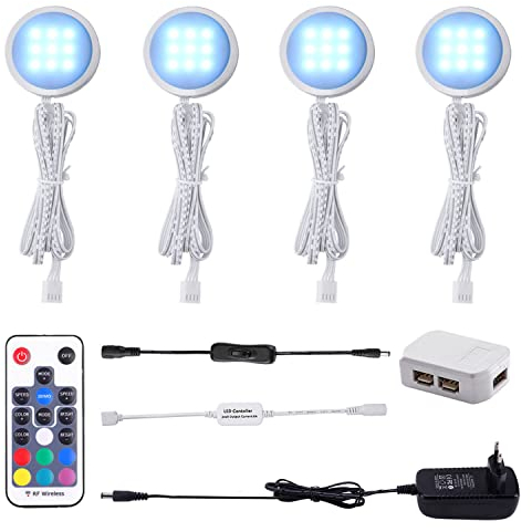 AIBOO RGB LED Schrankbeleuchtung 4er Set, 12V LED Unterbauleuchte Farbwechsel mit Fernbedienung, Dimmbar RGB Vitrinenbeleuchtung LED für die Beleuchtung von Küchenschränken