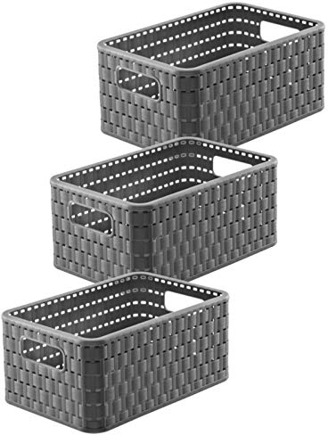 Rotho Country 3er-Set Aufbewahrungsbox 6l in Rattan-Optik, Kunststoff (PP) BPA-frei, anthrazit, 3 x A5/6l (28 x 18.5 x 12.6 cm)