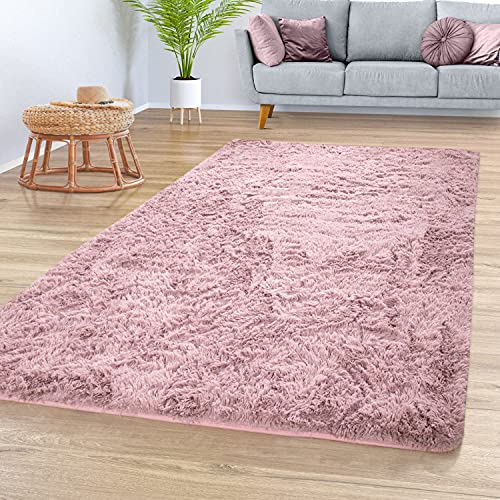 TT Home Wohnzimmer Teppich Hochflor Langflor Schlafzimmer Modern Plüschig Unifarben, Farbe:Rosa, Größe:60x100 cm