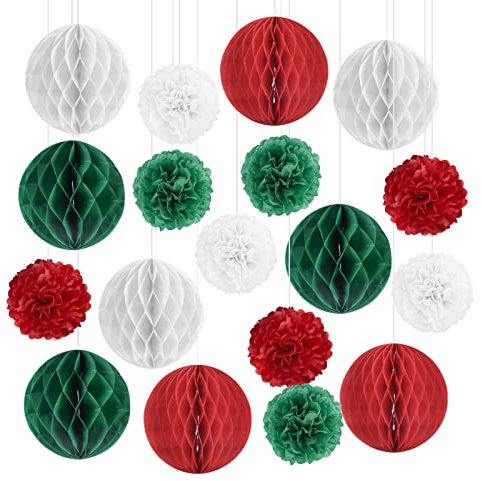 Mutool Christmas Decoration Set-18PCS Reusable Tissue Paper Pom Poms Honeycomb Balls for Xmas Christmas Winter Festival New Year Home Party Decoration, Wall Ceiling Door Hanging Decor Supplies