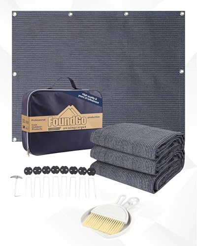 FoundGo Awning Carpet with Eyelets, 280g/m² HDPE Camping Carpet，Outdoor Awning Floor with Carrying Bag，Ground Nails and Small Broom