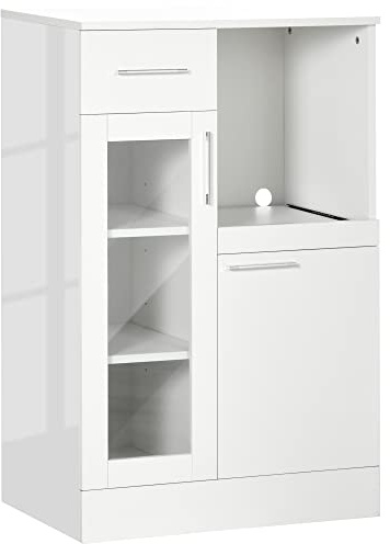 HOMCOM Credenza Moderna con Armadietti e Cassetto, Mobile Cucina Salvaspazio in Legno e Vetro 60x40x95cm, Bianco