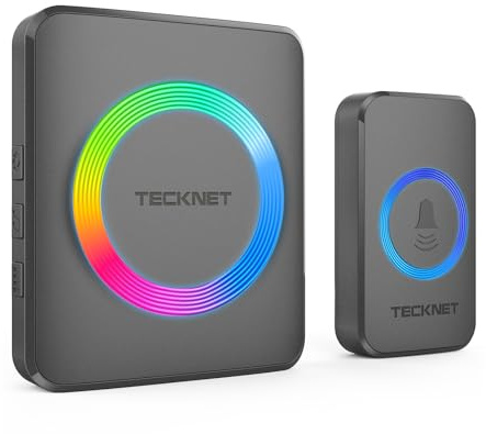 Tecknet Campanello senza fili per porta d’ingresso, portata Wi-Fi 600 m, impermeabile IP65, con 1 ricevitore plug-in e 1 trasmettitore, anello e pulsante luminosi con luci flash LED