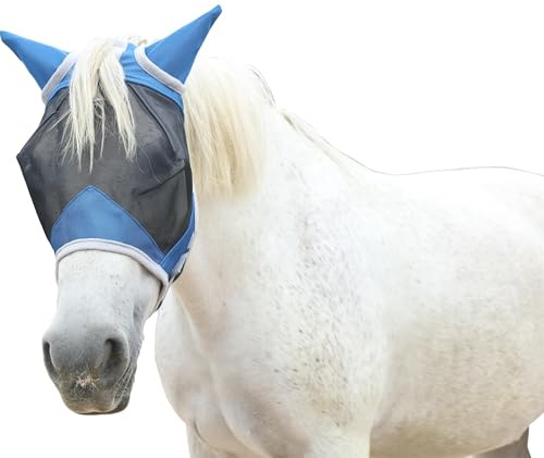 Gallopoff Fliegenmaske Pferd mit Ohren – leichtes Mesh, atmungsaktiv, UV-Schutz, weich gepolstert & bequem, verstellbar Blau Cob