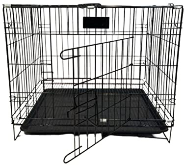 Dog Cage Crate – Heavy Duty Black Metal Folding Crate with 2 Doors, Chew-Resistant Plastic Base Tray, and Carrier Handle – Ideal for Puppy Training (S : L 47 x H 30 x W 38cm)