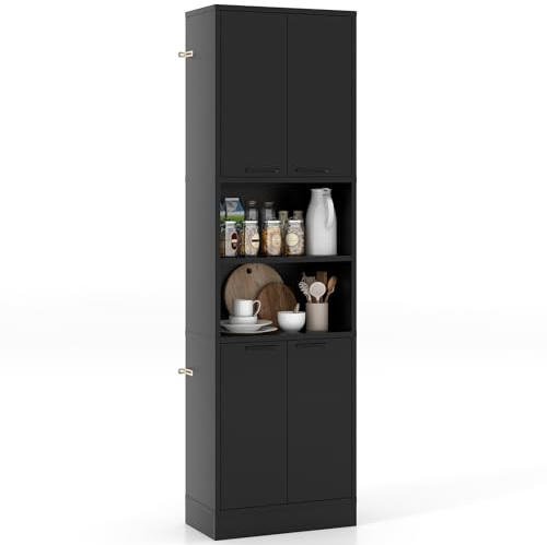 COSTWAY Tall Kitchen Cupboard, 4-Door Buffet Pantry Storage Cabinet with Shelves, Safety Hinges & Anti-tipping Devices, Freestanding Sideboard Organizer Unit for Dining Room Living Room (Black)