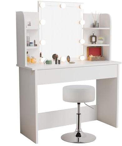 Juskys® Schminktisch Bella mit LED Beleuchtung & Hocker Tonia - Spiegel, Schublade & Fächer - Sitzhocker rund & höhenverstellbar - Kosmetiktisch Weiß