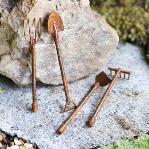 4-Piece Miniature Garden Tools Set, Rustic Metal with Vintage Rust Finish. for Dollhouse Gardens, Fairy Scenes, Farm Dioramas & Gnome Accessories. Shovel, Rake, Hoe, Pitchfork.