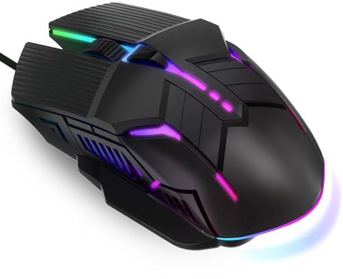 MELOGAGA Wired Gaming Mouse - Lightweight USB Optical Computer Mice with 7-Color RGB LED Lights, 4 Adjustable DPI (1200-3200), 6 Buttons, Ergonomic Design for Windows (S800-Black)