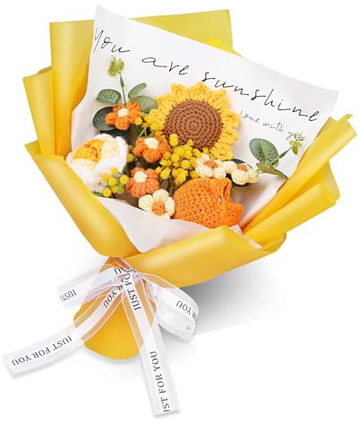 Pecihiko Handmade Crochet Flower Bouquet – Knitted Sunflower, Daisy, Rose & Tulip – Unique Crochet Gifts for Mom, Birthday, Wedding, Graduation,Thanksgiving Day & Home Decoration