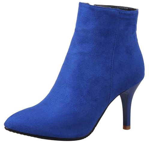 LarDorLin Oficina Tacón de Agujas Puntiagudo Mujer Botas Cortas Elegante Invierno Warm Tacón Alto Gamuza Cuero Zip Botín Flecos Azul Talla 36.5 EU (37 Cn)