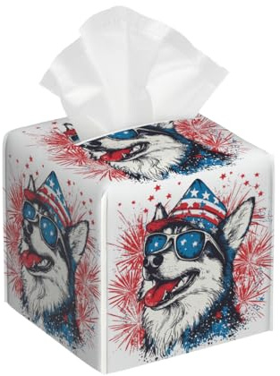Housse de boîte à mouchoirs carrée en cuir, chien patriotique avec drapeau américain, feu d'artifice, distributeur de papier pour salle de bain, table de voiture, etc
