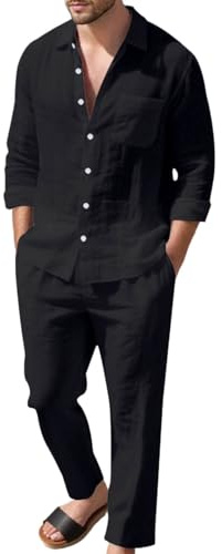 RUMAOZIA Traje de lino de dos piezas para hombre, pantalones de lino de verano y camiseta de lino, 2 piezas, traje de tiempo libre, camisa de lino y pantalones, conjunto casual, chándal de