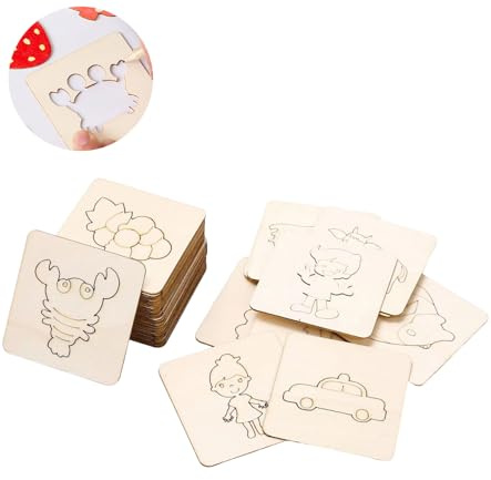 Takone Lot de 60 pochoirs de peinture en bois pour enfants | Lot de 60 pochoirs en bois réutilisables pour enfants à partir de 3 ans pour t-shirt, papier et tissu