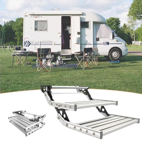 Manuell Elektrisk Infällbara RV-Steg, Husvagnstrappa, RV-Steg Campertrappa, Fällbar, Av Aluminiumlegering, Halkskyddig Pedal, För Husbilar, Husvagnar, Caravans Double-layermanual