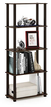 Furinno TURN-S-TUBE Book Shelf, 5-Tier Toolless Storage Shelves with Square Tubes, Shelving Unit for Organization and Storage for Living Room, Home Office, Walnut