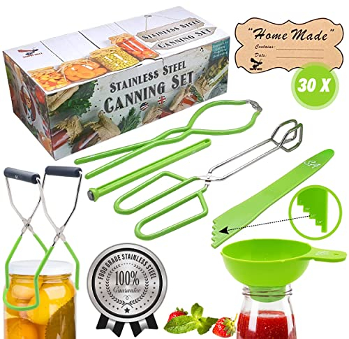 Supa Ant Canning Set -Jar Lifter With Grip Handles-Stainless Steel Canning Tongs-Magnetic Lid Lifter-Extra Wide Plastic Funnel-Jar Wrench & Bubble Remover-Canning Kit Kitchen Essentials 6 Piece- Green