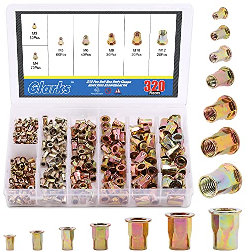 Glarks Lot de 320 écrous à rivets M3 M4 M5 M6 M8 M10 M12 à tête plate en acier au carbone plaqué zinc