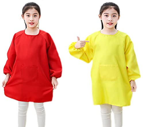 Lauthen.S 2 Pack Kids Art Smocks,Artist Painting Aprons Long Sleeve with Pocket for Toddler 8-12 Years(Red/Yellow)
