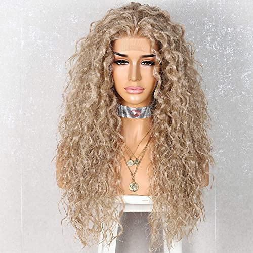 Sapphirewigs lockig spets främre peruk aska guld syntetiska peruker för kvinnor 33 x 3 daglig användning fest jul halloween värmebeständig peruk 60 cm