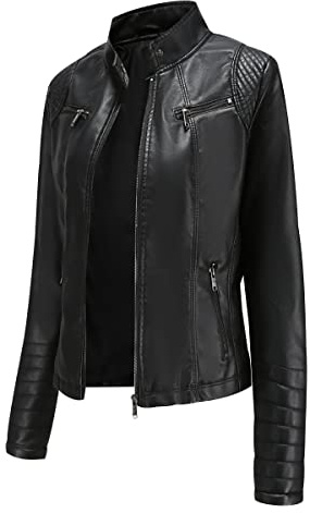 Giubbotto Ecopelle Donna Biker Jacket Similpelle - Giacca Stand-up Curva Finta Pelle Sintetica Primavera
