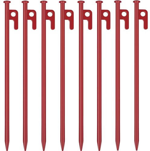8 Pack Tent Stakes Heavy Duty 12 inch Steel Tent Pegs for Camping Unbreakable and Inflexible-Red