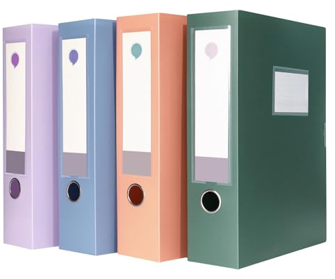 komstuon 4 Stück Archivboxen A4, Aktenordner A4 75 mm Tief, 4-Farbige Faltbare Dokumentenaufbewahrungsbox für Büro, Zuhause und Schule