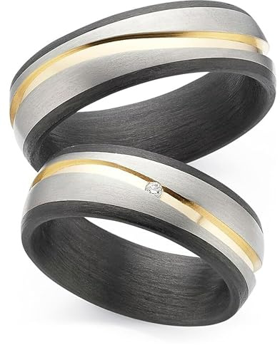 123traumringe Alianzas de carbono | titanio oro | precio por par con brillante | incluye grabado | alianzas de titanio para él y para ella | anillos de pareja anillos de boda anillos negros | P14,