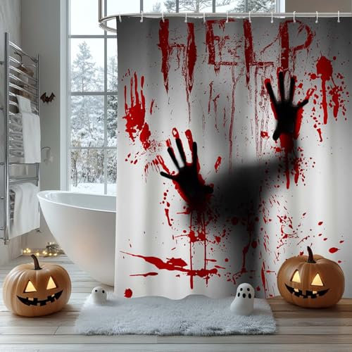 AIBIIN Cortina de ducha Halloween Help Me with Bloody Hands Shadows Espeluznante tema Decoración baño Accesorios poliéster duradero 12 ganchos 180x180 cm
