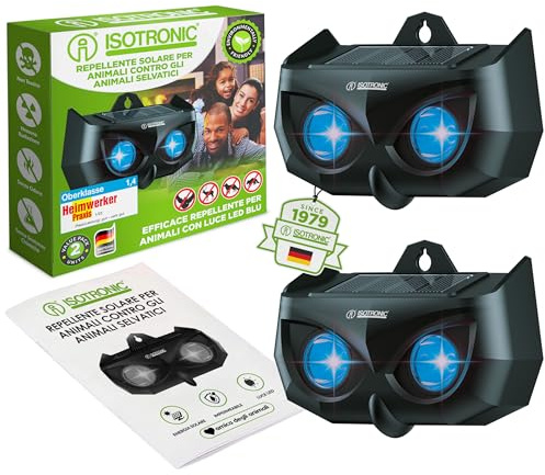 ISOTRONIC Solar Tiervertreiber zur Abwehr von Waschbären, Rehen, Füchsen & Wildschweinen – Wildtier Vertreiber mit blauem LED-Licht – effektive Tierabwehr mit 40m² Wirkungsbereich (2 Stück)