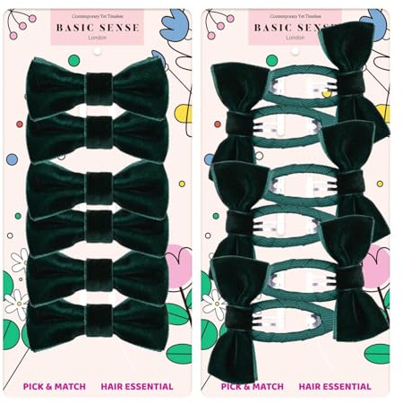 Basic Sense 12pcs Girls' Velvet Bow Hair Accessories – School Hair Clips & Hair Ties Set Dark Green