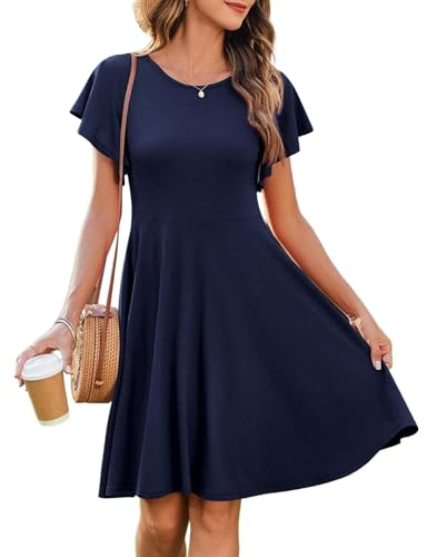 Zeagoo Robe d'été pour femme - Longueur genou - Col rond - Robe de loisirs - Volants - Ligne A - Robe de plage - Couleur unie - Tunique avec poche, bleu marine, S